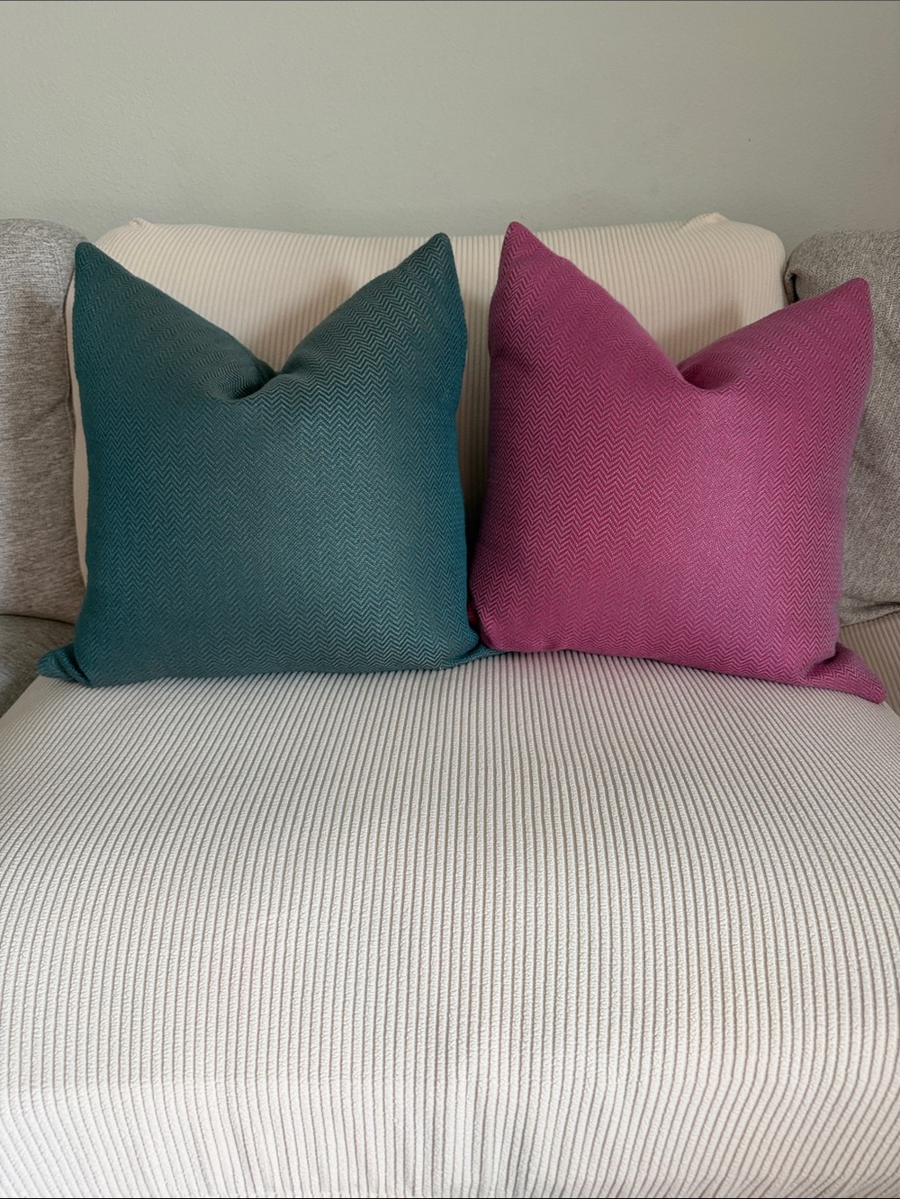 Room and Board Decorative Teal and Magenta Herringbone Throw Pillows - Set of 2
